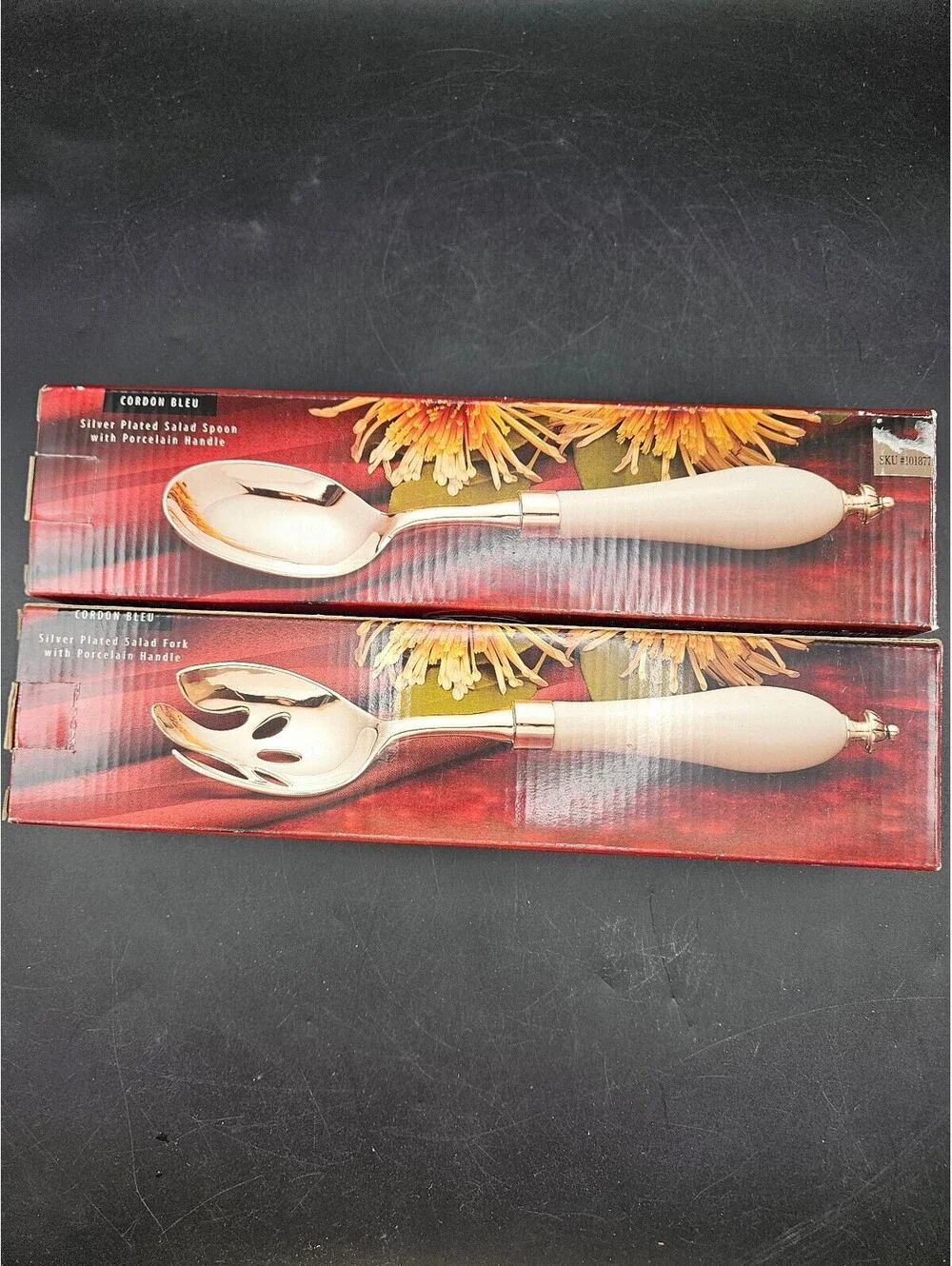 Studio Silversmith Cordon Bleu Silver Plated Salad Serving Set Porcelain Handle